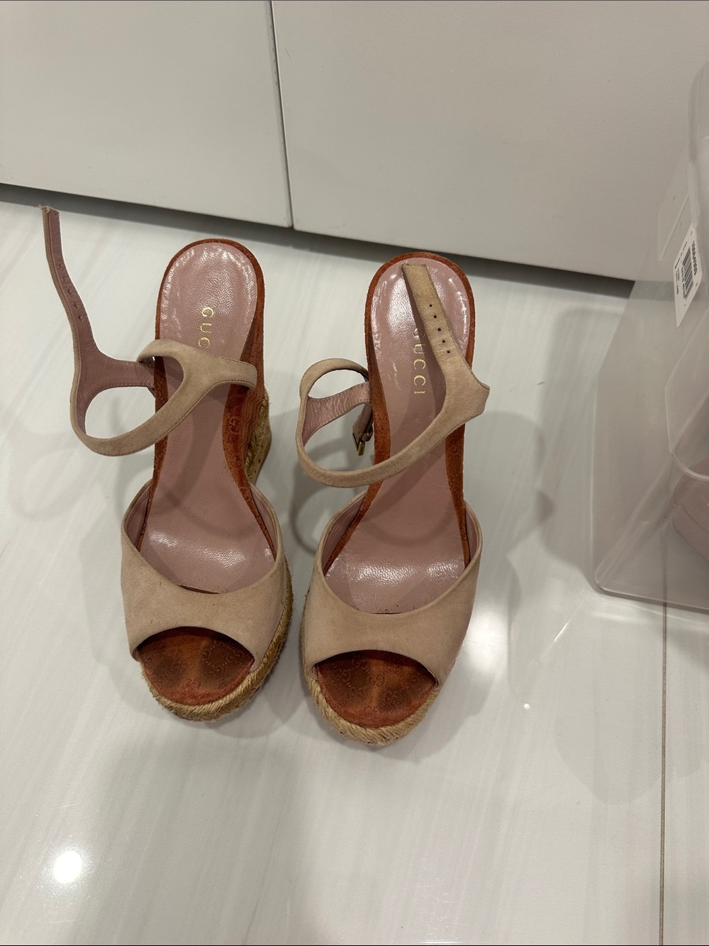 Gucci Beige Suede Open-Toe Wedge Sandals with Ankle Strap